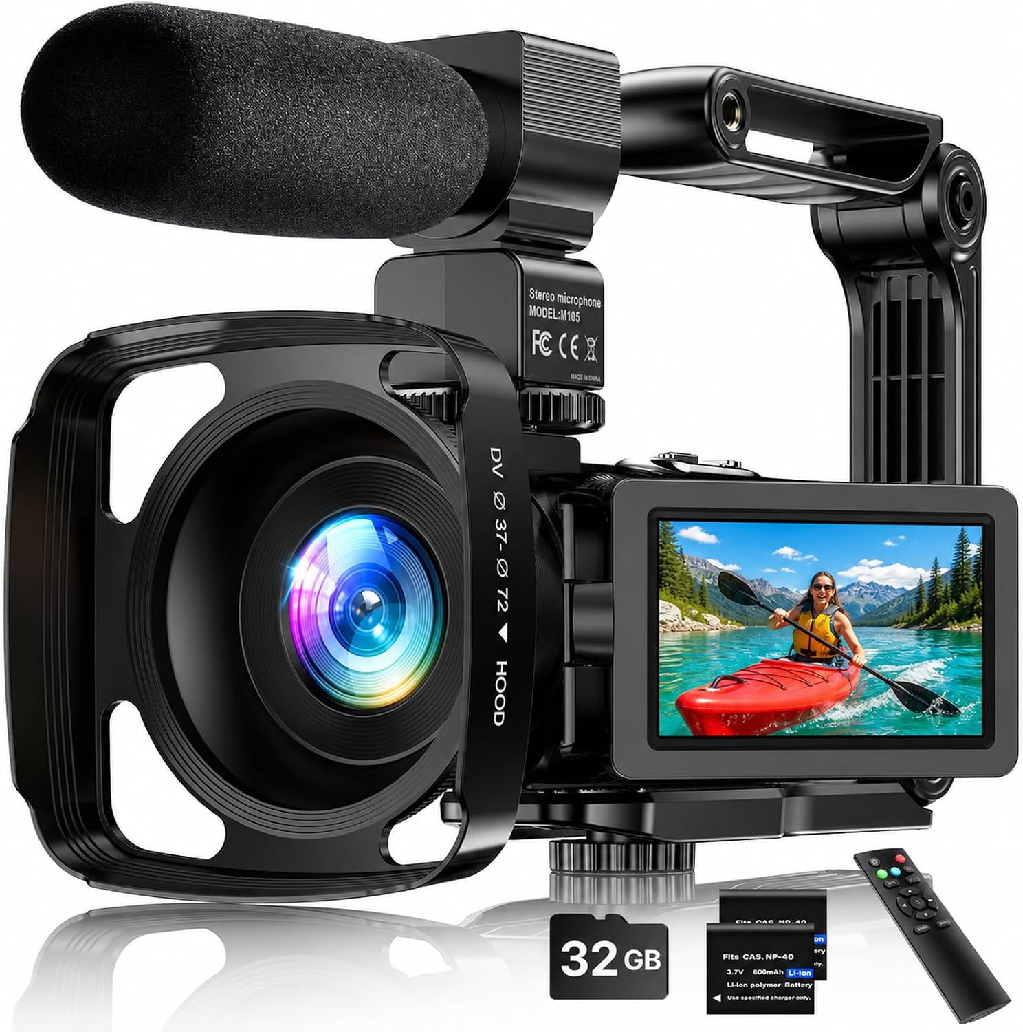 4K Video Camera Camcorder 64MP Vlogging Camera for YouTube 3.0" Touch Screen 18X Digital Zoom IR Night Vision with External Stereo Microphone,Remote,Lens Hood,Handheld Stabilizer,32G Card &2 Batteries