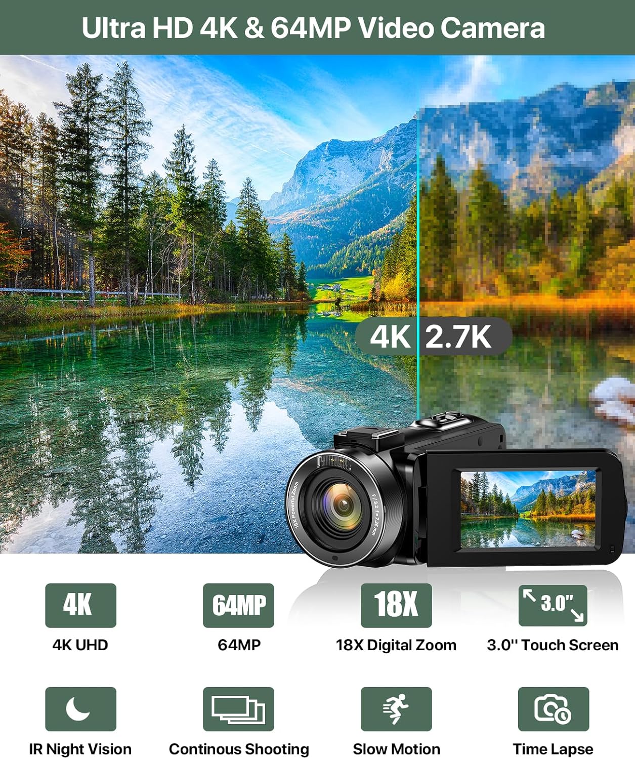 4K Video Camera Camcorder 64MP Vlogging Camera for YouTube 3.0" Touch Screen 18X Digital Zoom IR Night Vision with External Stereo Microphone,Remote,Lens Hood,Handheld Stabilizer,32G Card &2 Batteries - Image 2