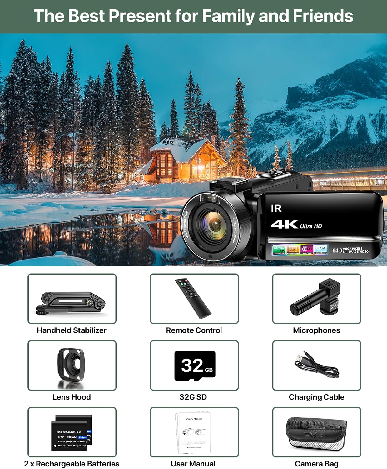 4K Video Camera Camcorder 64MP Vlogging Camera for YouTube 3.0" Touch Screen 18X Digital Zoom IR Night Vision with External Stereo Microphone,Remote,Lens Hood,Handheld Stabilizer,32G Card &2 Batteries - Image 8