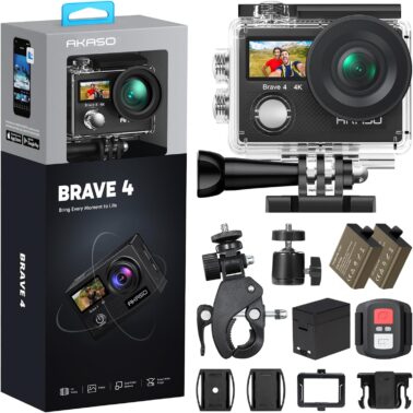AKASO Brave 4 Action Camera 4K30 Ultra Hd Waterproof Underwater Camera | 20MP EIS WiFi Remote Control 170° FOV 5X Zoom Sport Camera for Snorkel Travel with Bicycle Helmet Motorcycle Accessories Kit