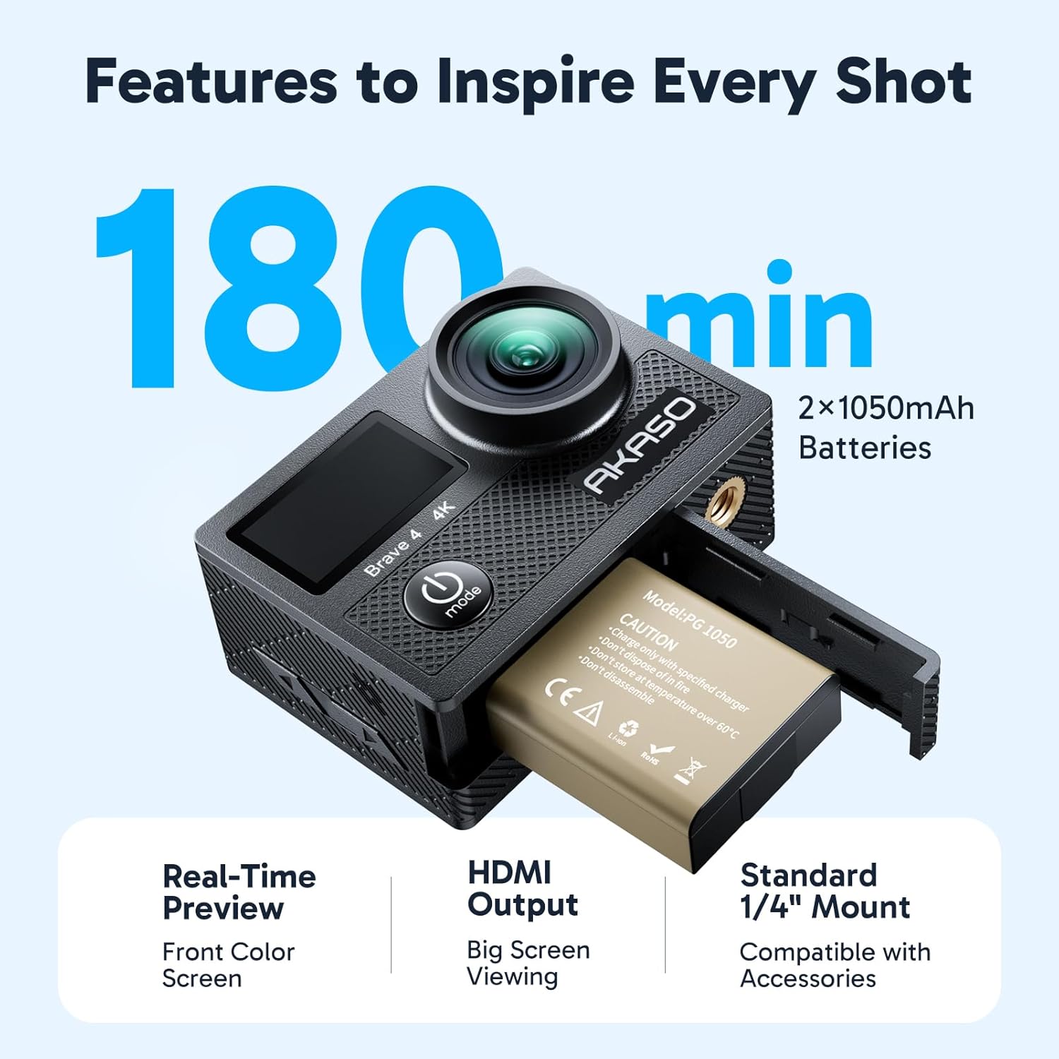 AKASO Brave 4 Action Camera 4K30 Ultra Hd Waterproof Underwater Camera | 20MP EIS WiFi Remote Control 170° FOV 5X Zoom Sport Camera for Snorkel Travel with Bicycle Helmet Motorcycle Accessories Kit - Image 7